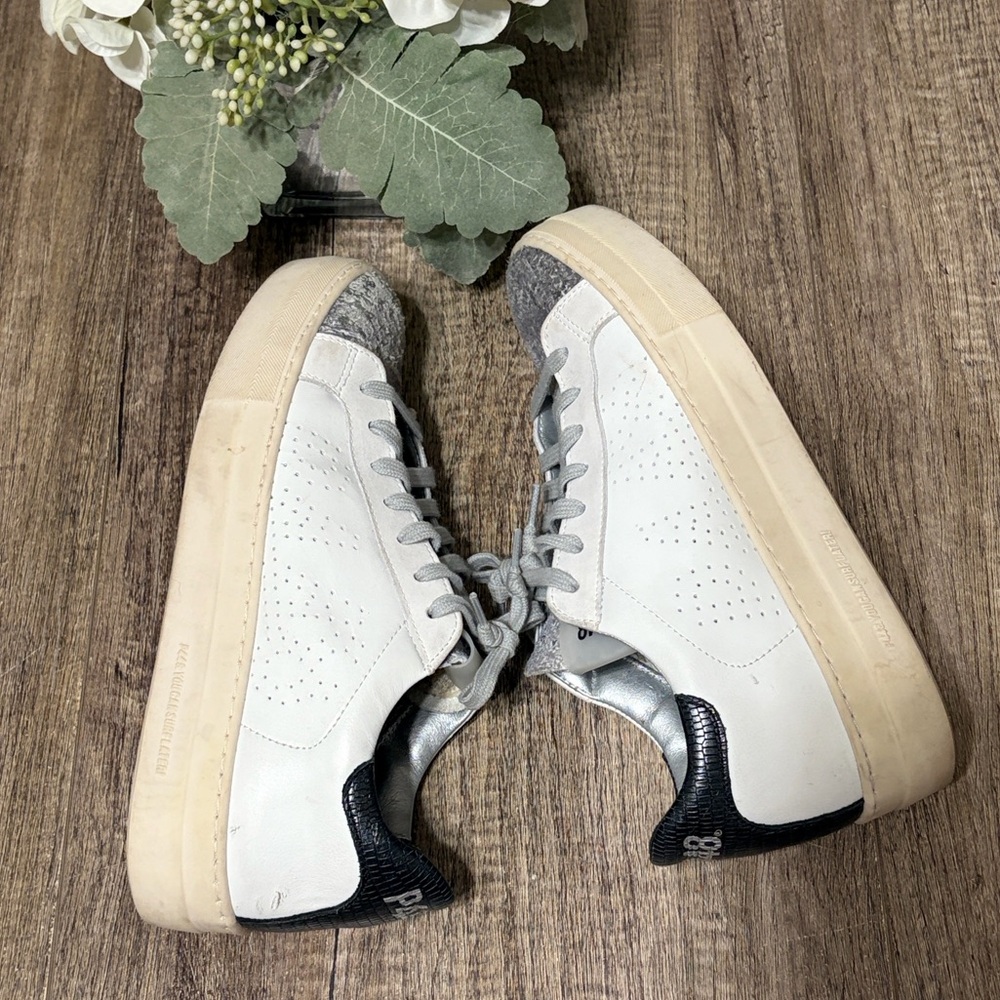 P448 White Jack Leather Sneakers Silver Glitter Toe Size 39 (8.5–9) - Picture 8 of 13